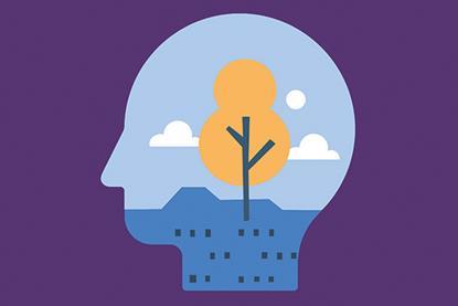 Within a silhouette graphic of a head, a view of a yellow tree growing out of a building, against a blue sky