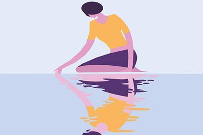 A kneeling woman looking down at her reflection is mirrored in water along the bottom half of the graphic
