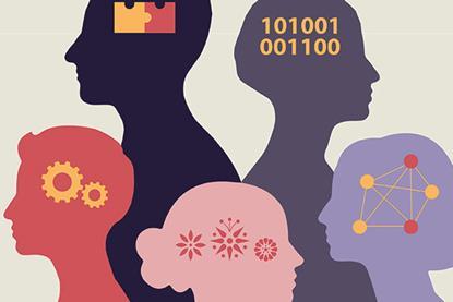 Graphic of five differently colored silhouette profiles, each with images of numbers and patterns in their heads