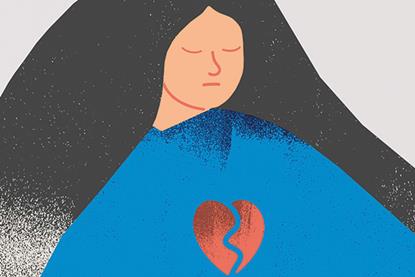 Graphic of a woman with her eyes closed with a broken heart over her chest
