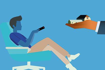 The illustration depicts a person sitting in an office chair, pointing a remote control at a television screen. An arm extends from the screen, holding two miniature houses in its hand