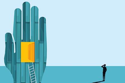 The illustration depicts a large, stylised hand made of vertical blue-green planks. A white ladder leans against the palm, leading up to an open yellow door at its centre. A person stands to the right, looking up and scratching their head in contemplation
