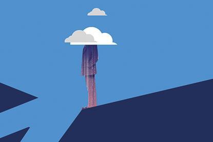 Someone in a suit stands with their head in a rainy cloud