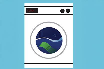 Illustration of a washing machine with a 'CLEAN' message on its digital display. A green banknote is submerged in water inside the drum.
