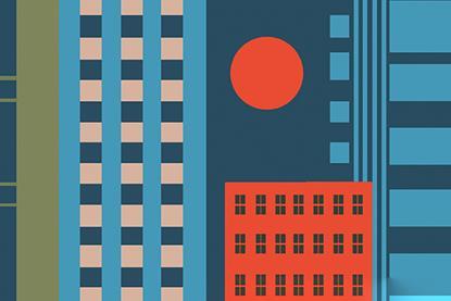 Illustration of orange sun, and high city skyscrapers in blue and green
