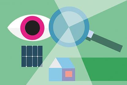 Illustration of eye looking through magnifying glass at house