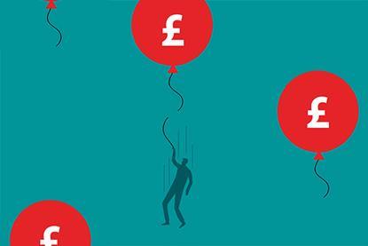 Red balloon with Pound (£) symbol floats away, as man falls below holding onto snapped string
