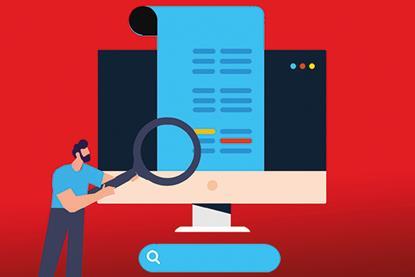 An illustration of a person holding a magnifying glass, examining a large computer monitor. The monitor displays a blue document with lines of text in various colours. The background is red, and there is a search bar at the bottom of the image