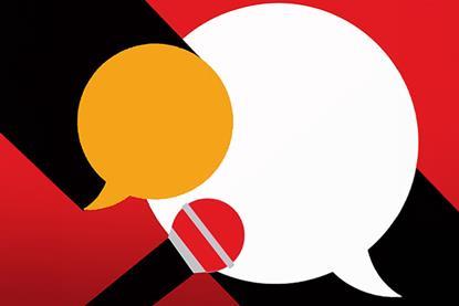 Illustration of two overlapping speech bubbles – one large and white, the other small and orange – on a red background. A microphone emerges from the bottom left, pointing toward the centre of the image, where the two bubbles meet