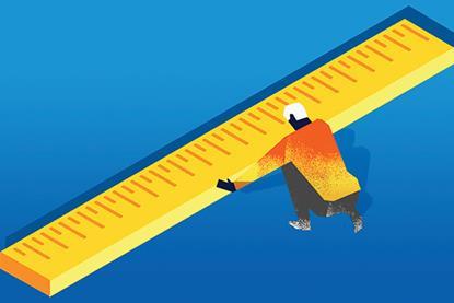 A graphic of a man kneeling against and examining a large ruler