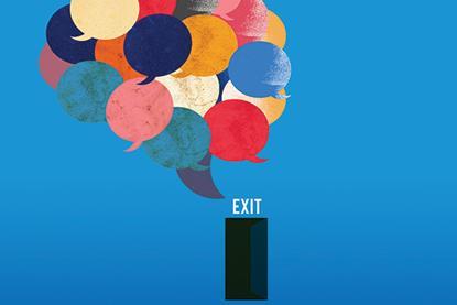 A large cloud of multi-colored speech bubbles coming out of an exit door