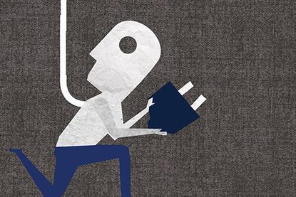 Innovate - man plugs in a lightbulb with a question mark