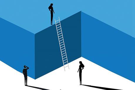 A ladder rests against a blue wall; two figures stand below, one above