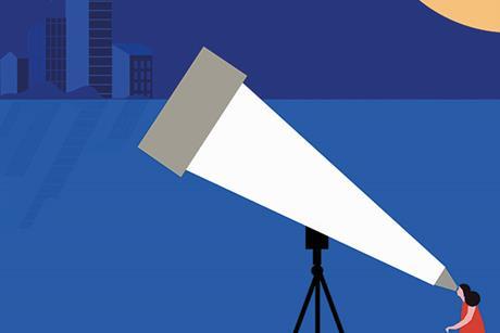 Graphic of woman looking into a large telescope, with a night sky and city skyline in the background.