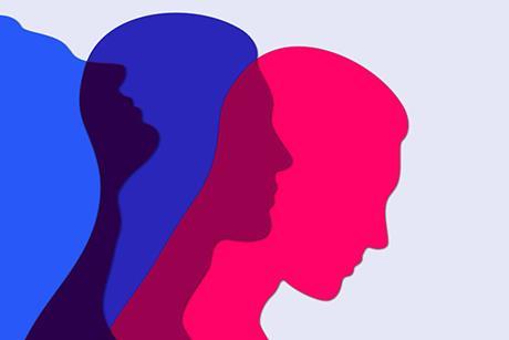 Three overlapping silhouettes of human profiles in different colors: blue, purple, and red. The profiles are facing to the right and are layered on top of each other, creating a gradient effect where they overlap