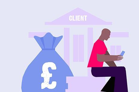 Graphic of a person sitting and using a mobile phone in front of a building labelled 'CLIENT', with a large bag of money beside them