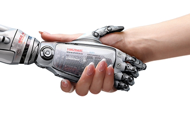 artificial intelligence hand and human hand shaking