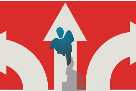 man walking on arrows