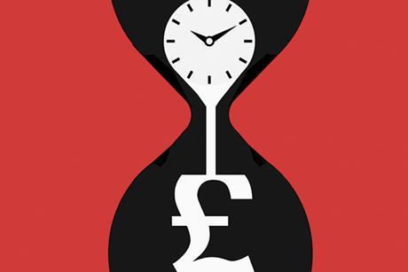 Inside an hourglass, a clock in the top chamber is spilling into a pound symbol in the bottom chamber