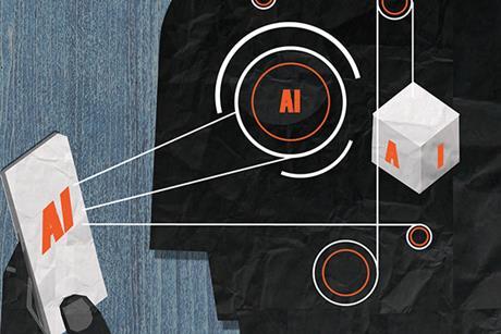Artificial intelligence - person holding phone with lines connecting to symbols in their head (labelled AI)