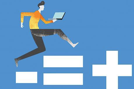 A man holding a laptop runs across large symbols reading "- = +"