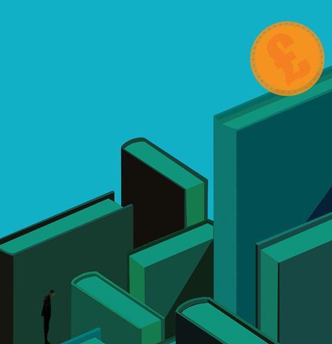 Graphic of a large pound coin rolling down stacks of books