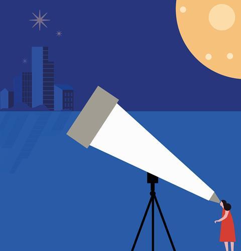 Graphic of woman looking into a large telescope, with a night sky and city skyline in the background.