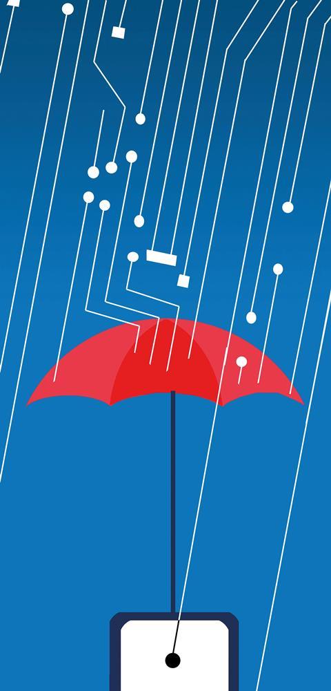 Graphic of an umbrella shielding a screen from rain that resembles circuit board lines