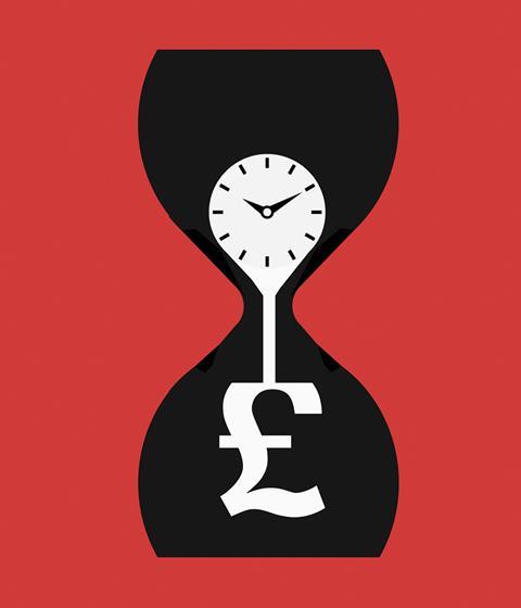 Inside an hourglass, a clock in the top chamber is spilling into a pound symbol in the bottom chamber