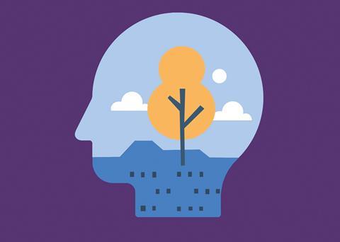 Within a silhouette graphic of a head, a view of a yellow tree growing out of a building, against a blue sky