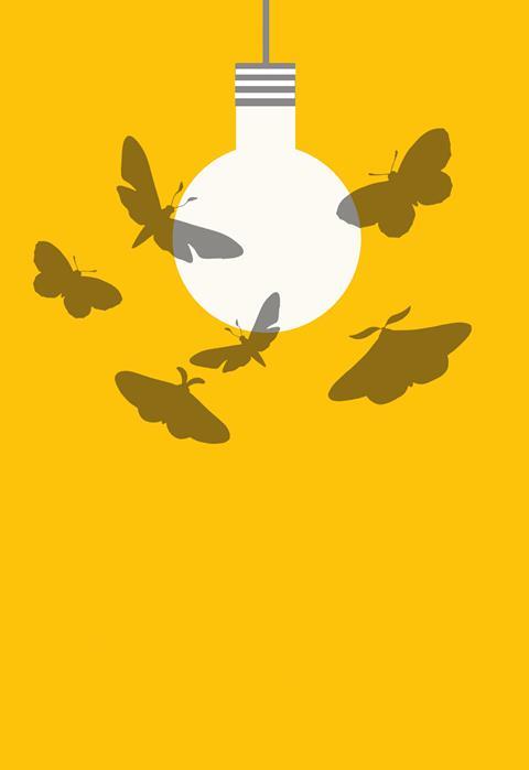 The image shows a minimalist illustration of a white light bulb hanging from a grey cord against a bright yellow background. Several grey moths are flying around the light bulb, attracted to its glow