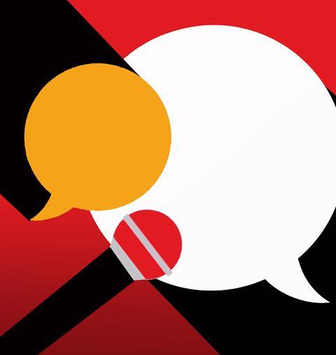 Illustration of two overlapping speech bubbles – one large and white, the other small and orange – on a red background. A microphone emerges from the bottom left, pointing toward the centre of the image, where the two bubbles meet