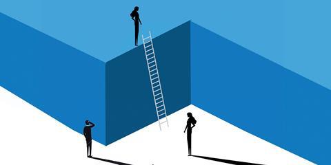 A ladder rests against a blue wall; two figures stand below, one above
