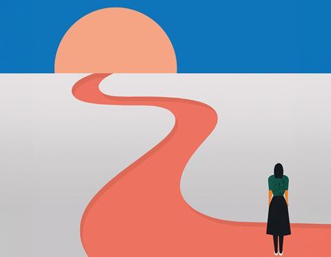 Graphic of a woman looking down a winding path into the sun in the horizon