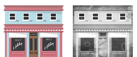 High street: two shop fronts, one open and cheerful with 