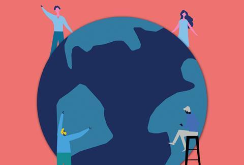 Graphic of a large globe, with four people spread out across the surface speaking to each other