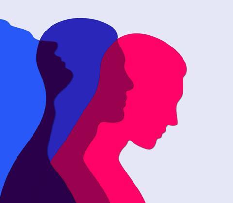 Three overlapping silhouettes of human profiles in different colors: blue, purple, and red. The profiles are facing to the right and are layered on top of each other, creating a gradient effect where they overlap
