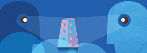 Sharing - two people looking at building split in half