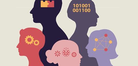 Graphic of five differently colored silhouette profiles, each with images of numbers and patterns in their heads
