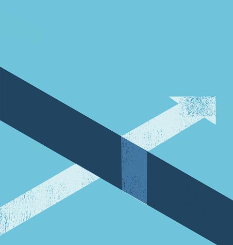 Illustration of two intersecting arrows on a blue background. The dark blue arrow runs from bottom left to top right, and the light blue arrow runs from bottom right to top left, forming a cross at their intersection