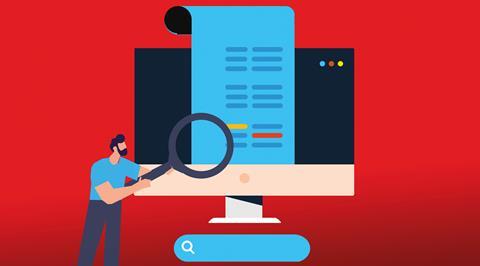 An illustration of a person holding a magnifying glass, examining a large computer monitor. The monitor displays a blue document with lines of text in various colours. The background is red, and there is a search bar at the bottom of the image